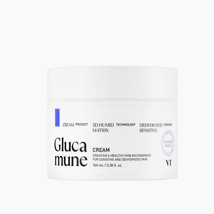 VT COSMETICS Glucamune Cream - 100ml container, premium moisturizing skincare for sensitive skin, featuring 3D Humid Matrix technology.