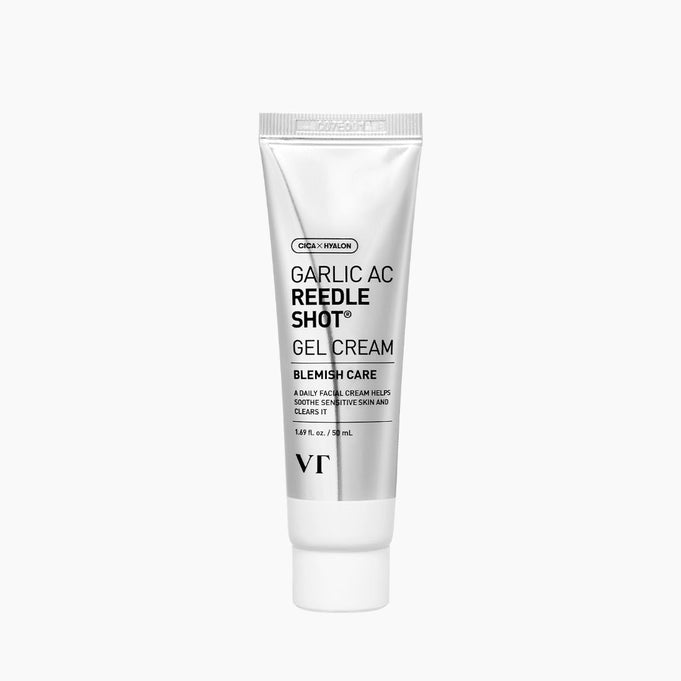 VT COSMETICS Garlic AC Reedle ShotÂ® Gel Cream - 50ml tube for blemish care displayed on a white background.