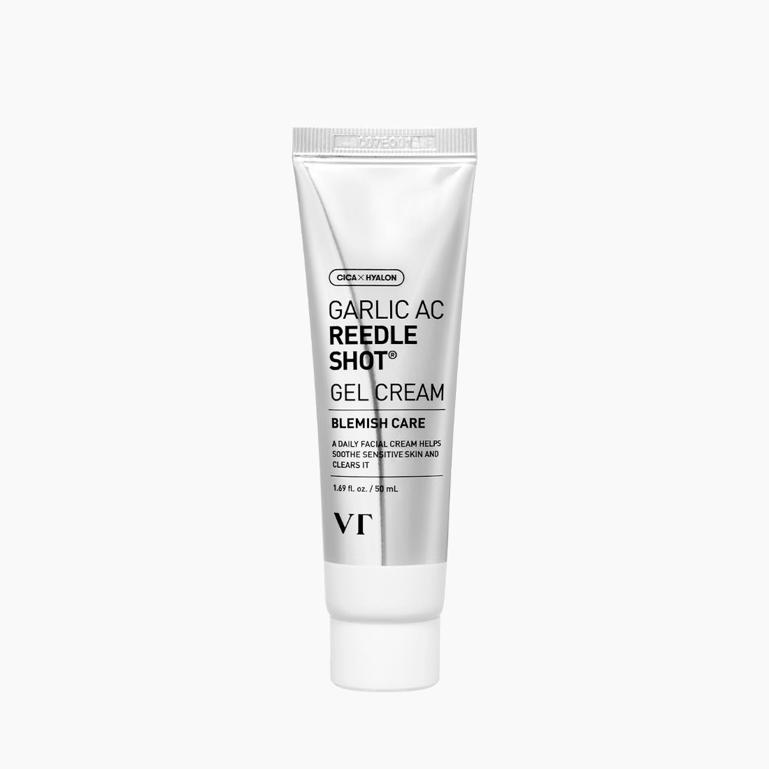 VT COSMETICS Garlic AC Reedle ShotÂ® Gel Cream - 50ml tube for blemish care displayed on a white background.