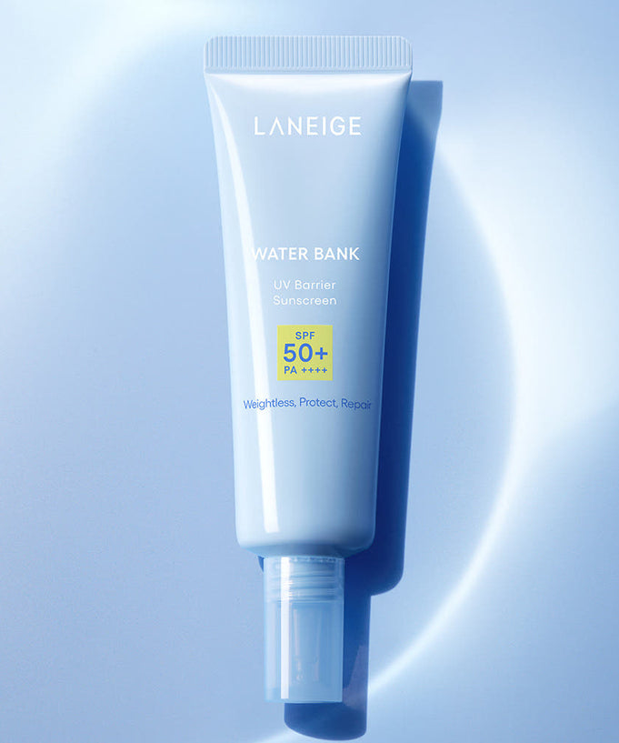 LANEIGE Water Bank UV Barrier Sunscreen SPF50+ PA++++ 50ml on a blue background, protective skincare product for sun protection.