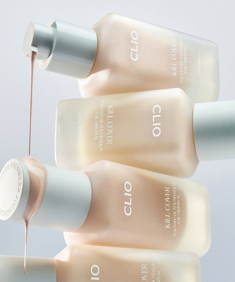 Bottles of CLIO Killcover Founwear Foundation The Original 35ml with foundation pouring out of one bottle.