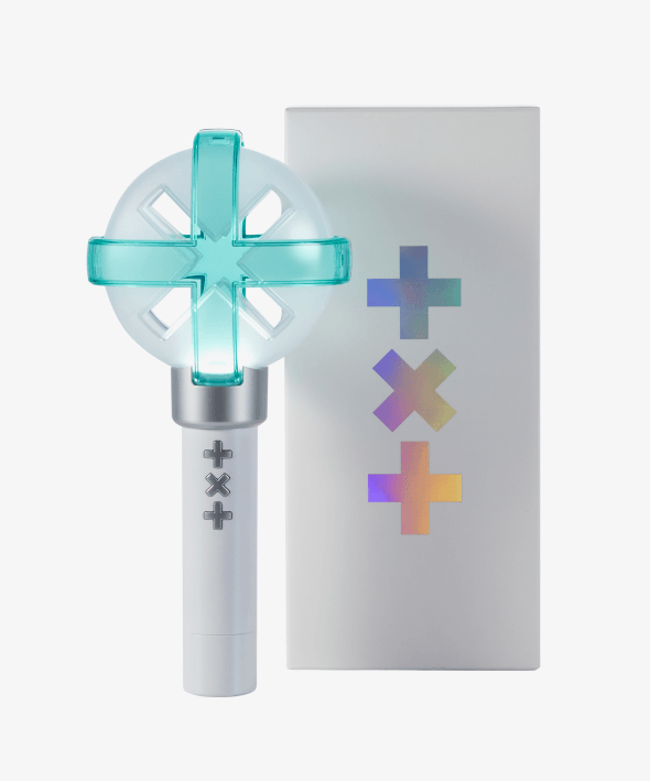 LIGHTSTICK TXT OFFICIAL LIGHT STICK Ver.2 with packaging, featuring holographic cross design on box, product on white background.