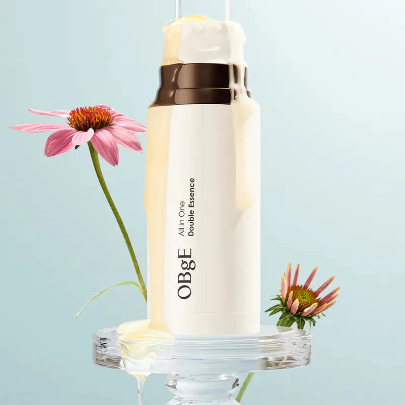 OBGE All-in-one double essence 100ml bottle with cream pouring, Korean men’s skincare by Gentleman Korea, natural flower ingredients