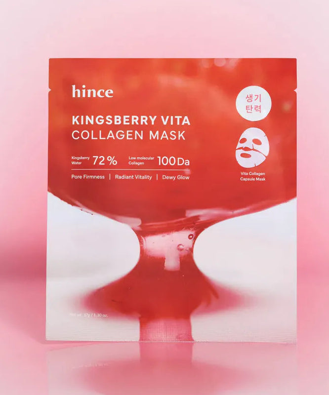 HINCE Kingberry Vita Collagen Mask 37g with vibrant packaging on a pink background.