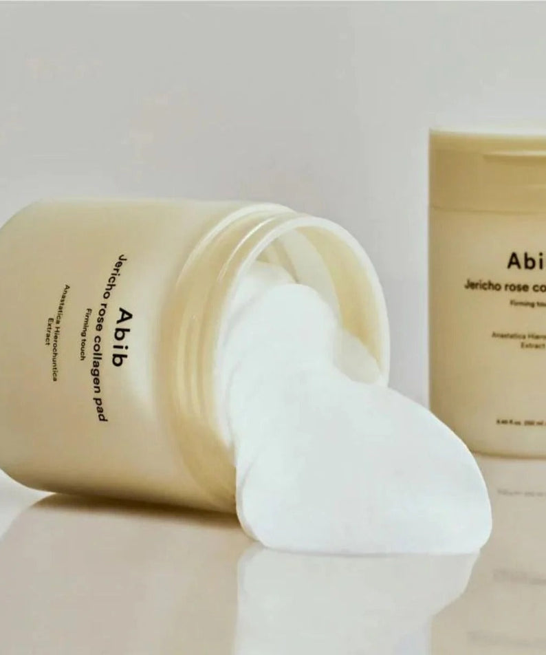 ABIB Jericho Rose Collagen Pad Firming Touch 60 Pads packaging with open jar and visible pads