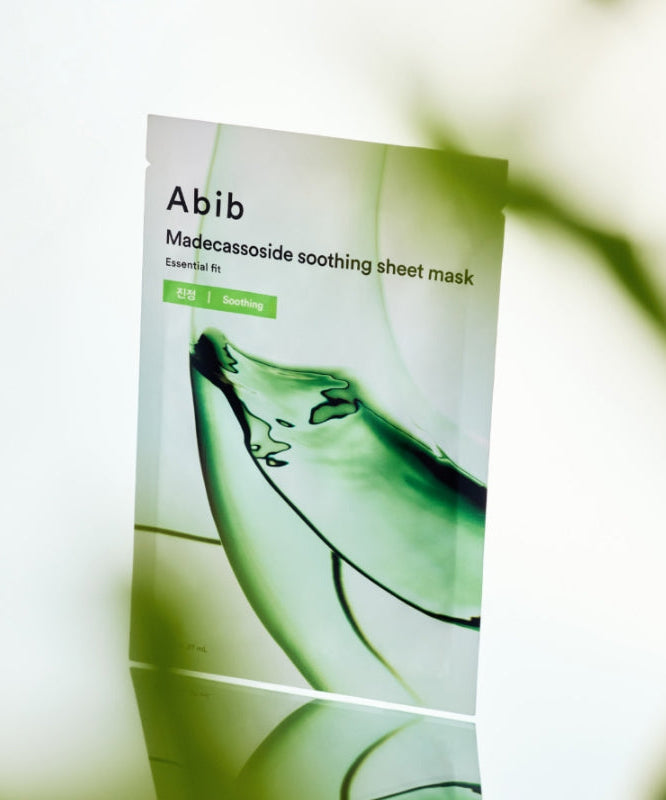 ABIB Madecassoside Soothing Sheet Essential Fit in packaging, highlighting the soothing and essential skin benefits.