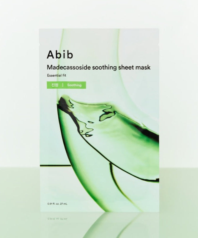 ABIB Madecassoside Soothing Sheet Essential Fit mask packaging on a white background.