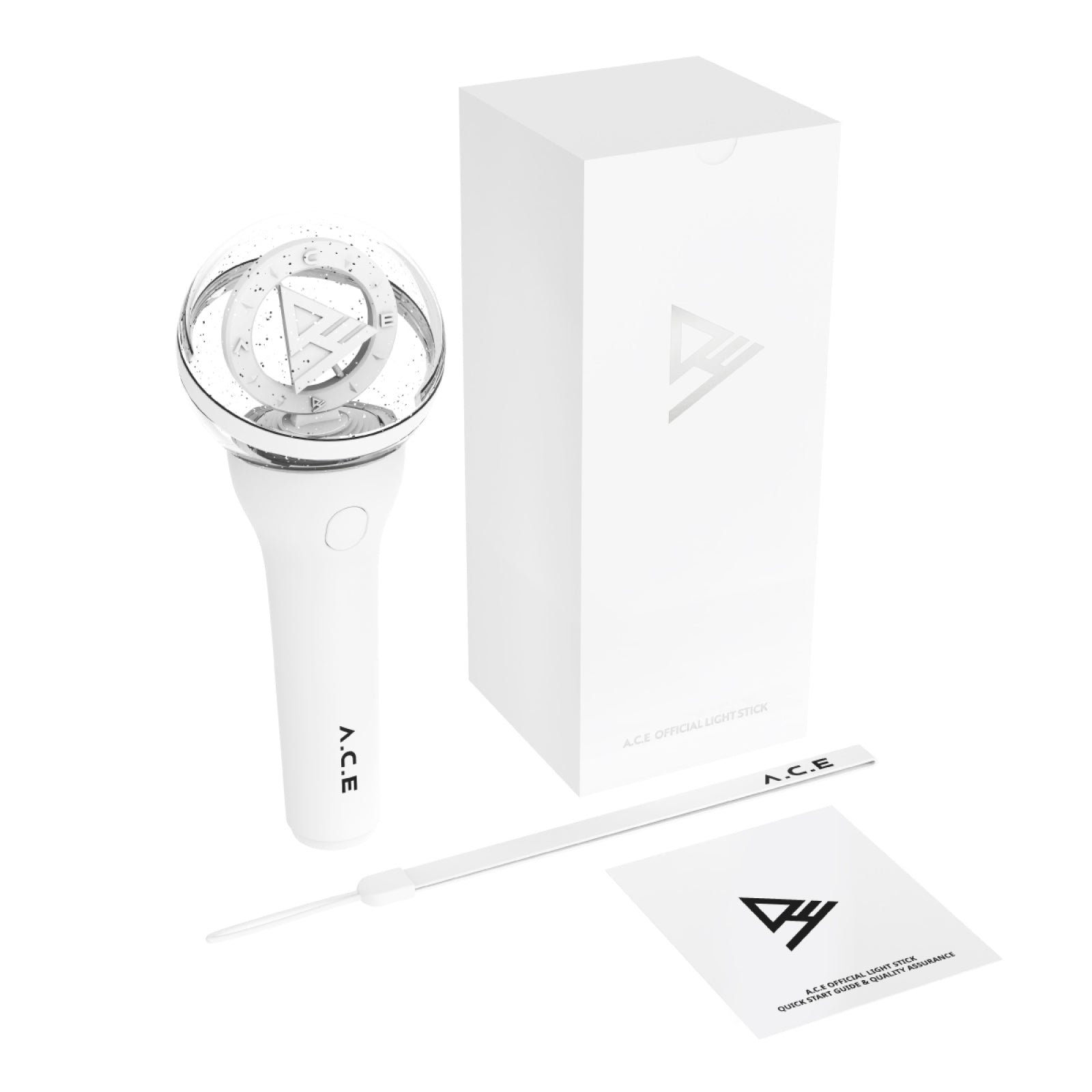 A.C.E Official Lighstick package featuring the lightstick, box, and accessories, symbolizing genuine merchandise from Korea.