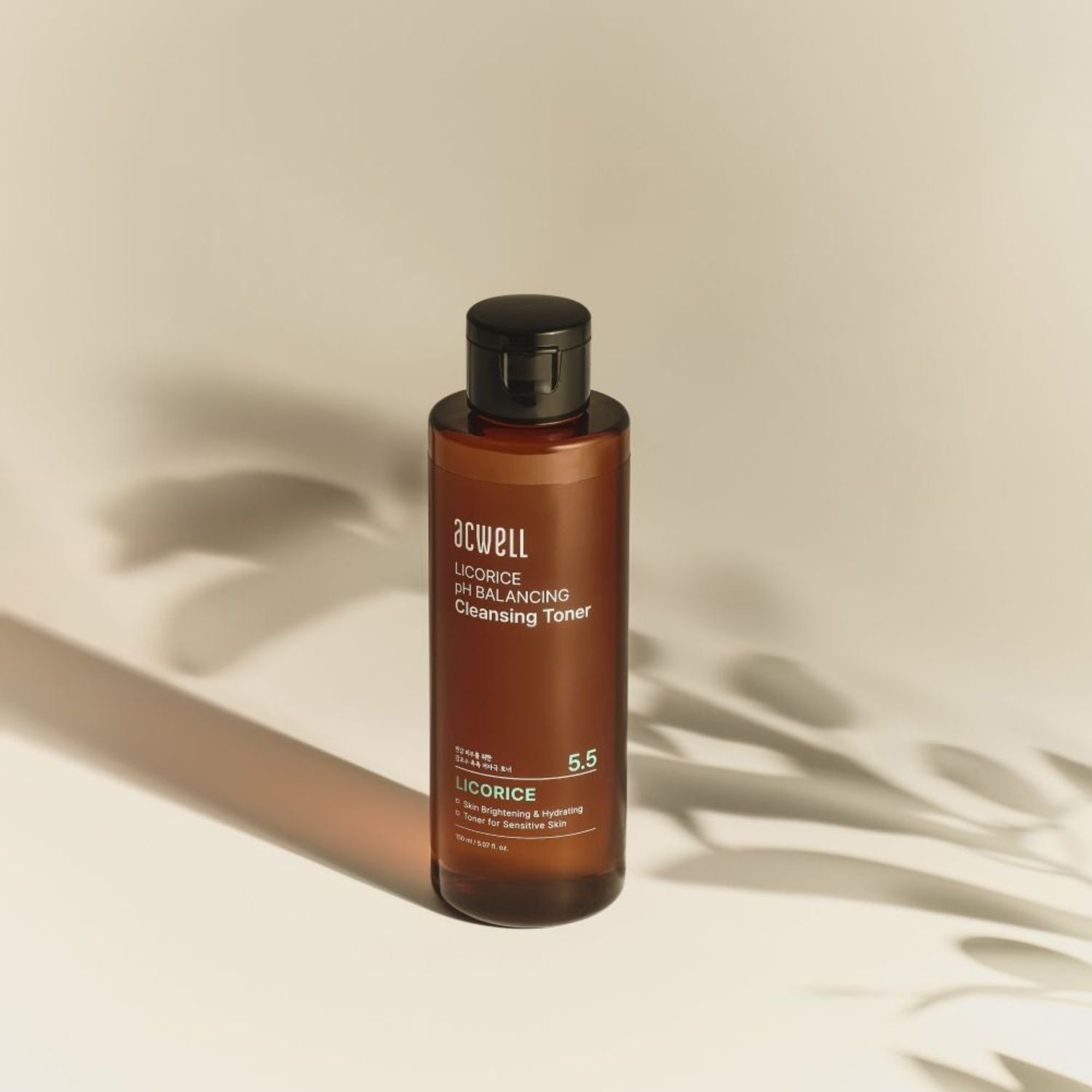 ACWELL Licorice pH Balncing Cleansing Toner 150ml bottle with shadow reflection and minimalist background