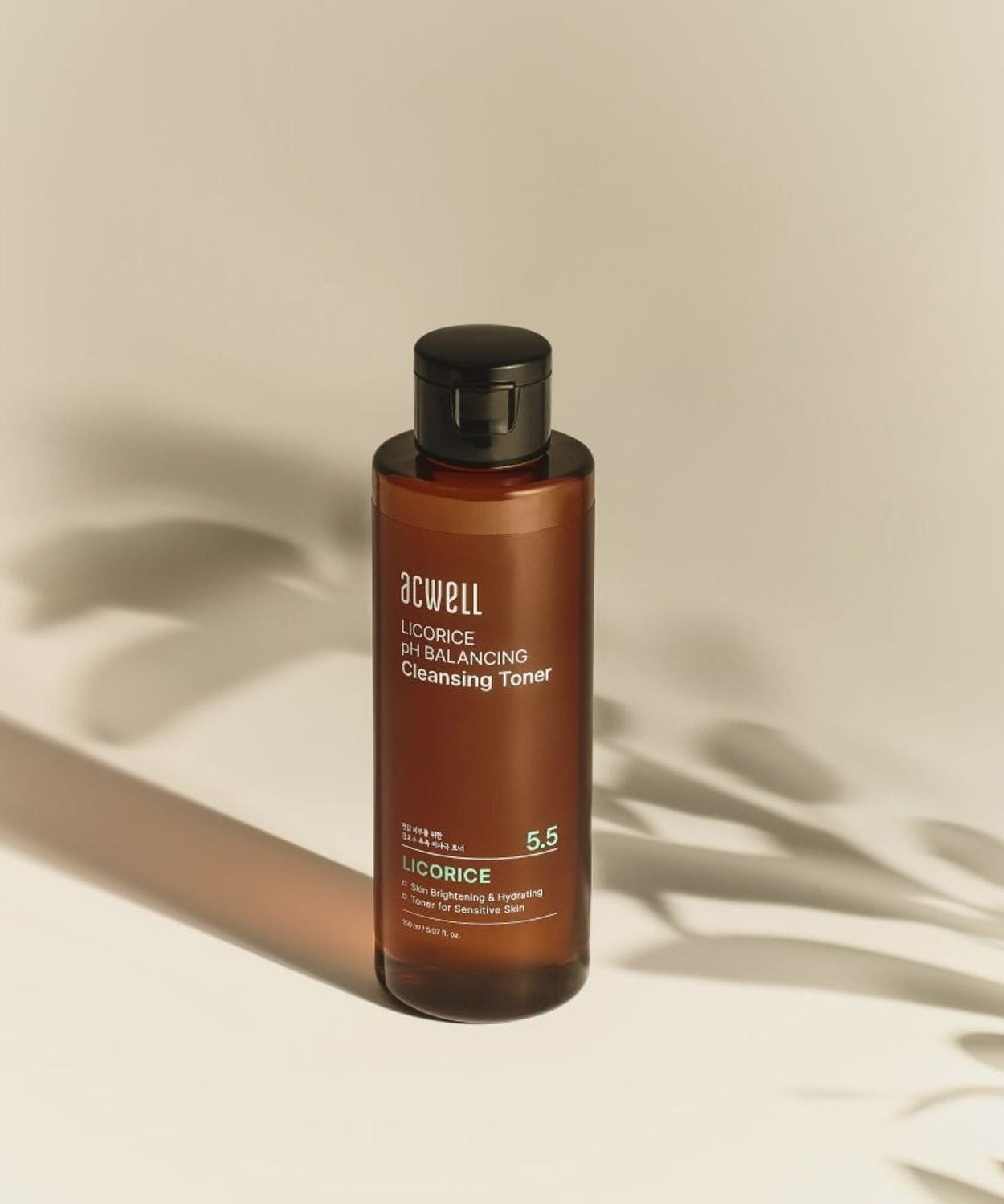 ACWELL Licorice pH Balncing Cleansing Toner 150ml bottle with shadow reflection and minimalist background