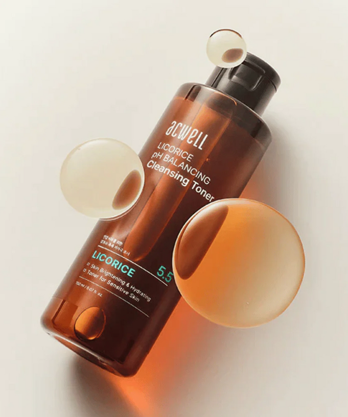 ACWELL Licorice pH Balncing Cleansing Toner 150ml bottle with liquid droplets