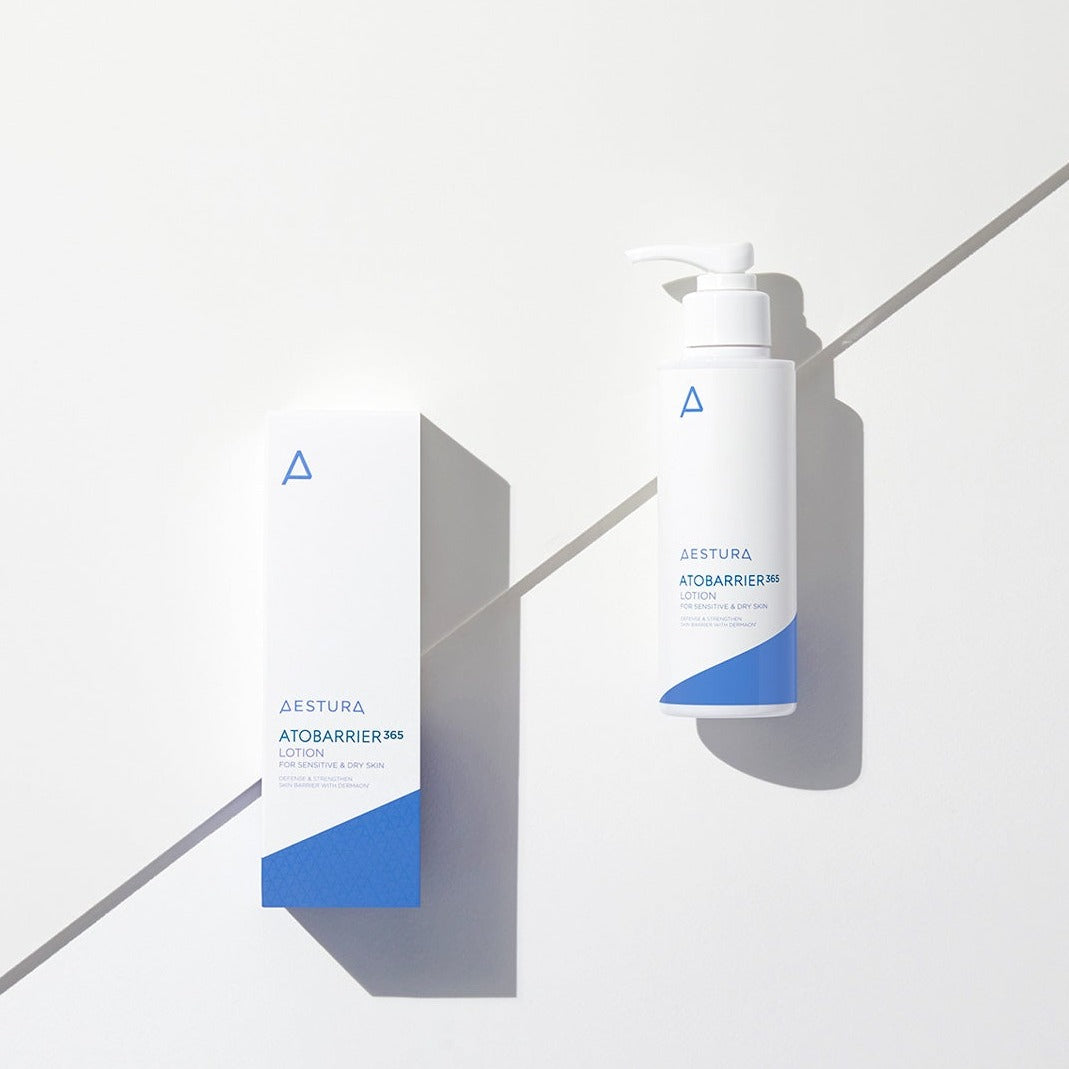 AESTURA Autobarrier 365 Lotion 150ml bottle and packaging on a minimalist background, showcasing the skincare product.