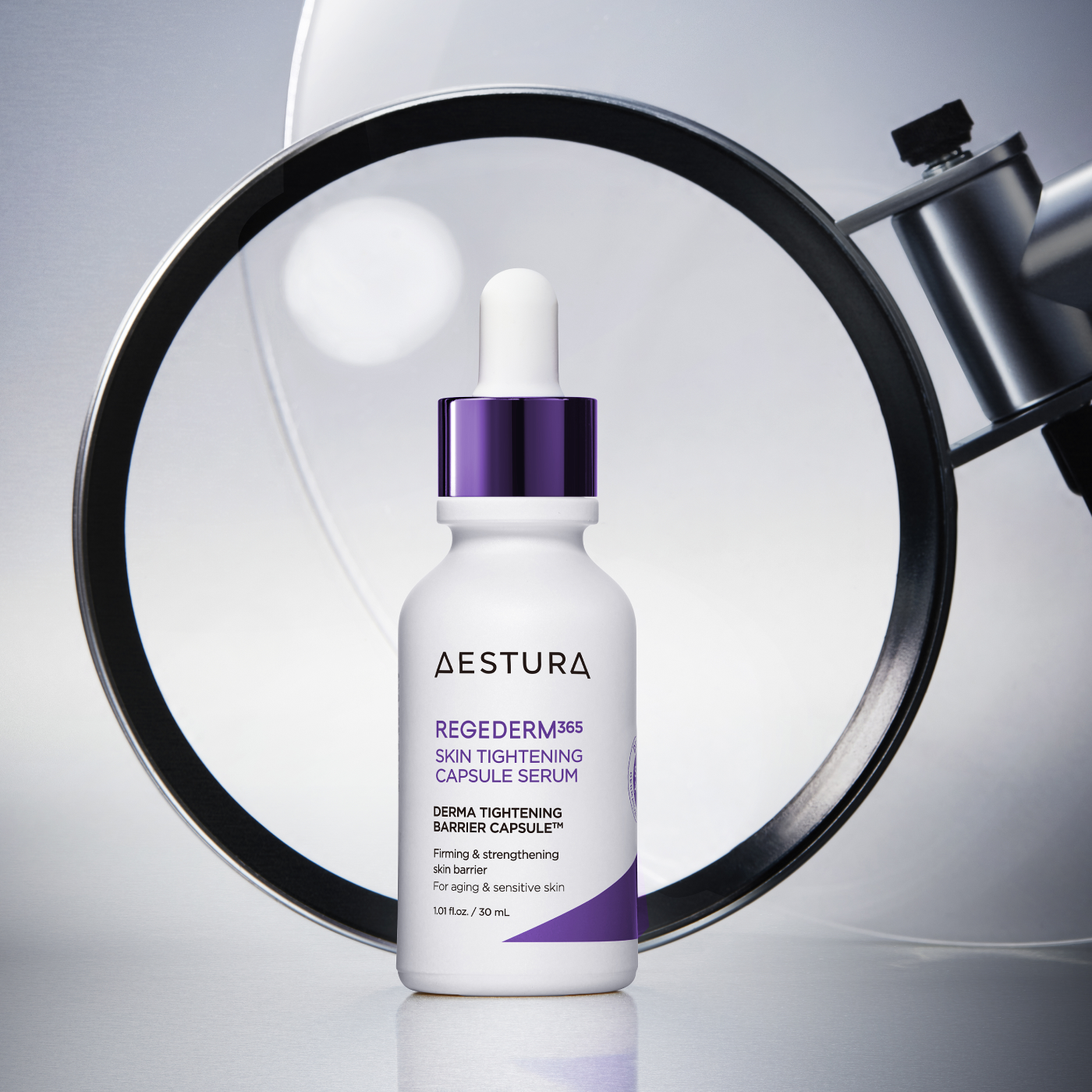 AESTURA Rizederm 365 Skin Tightening Capsule Serum 30ml bottle with magnifying glass background, enhancing skincare benefits.
