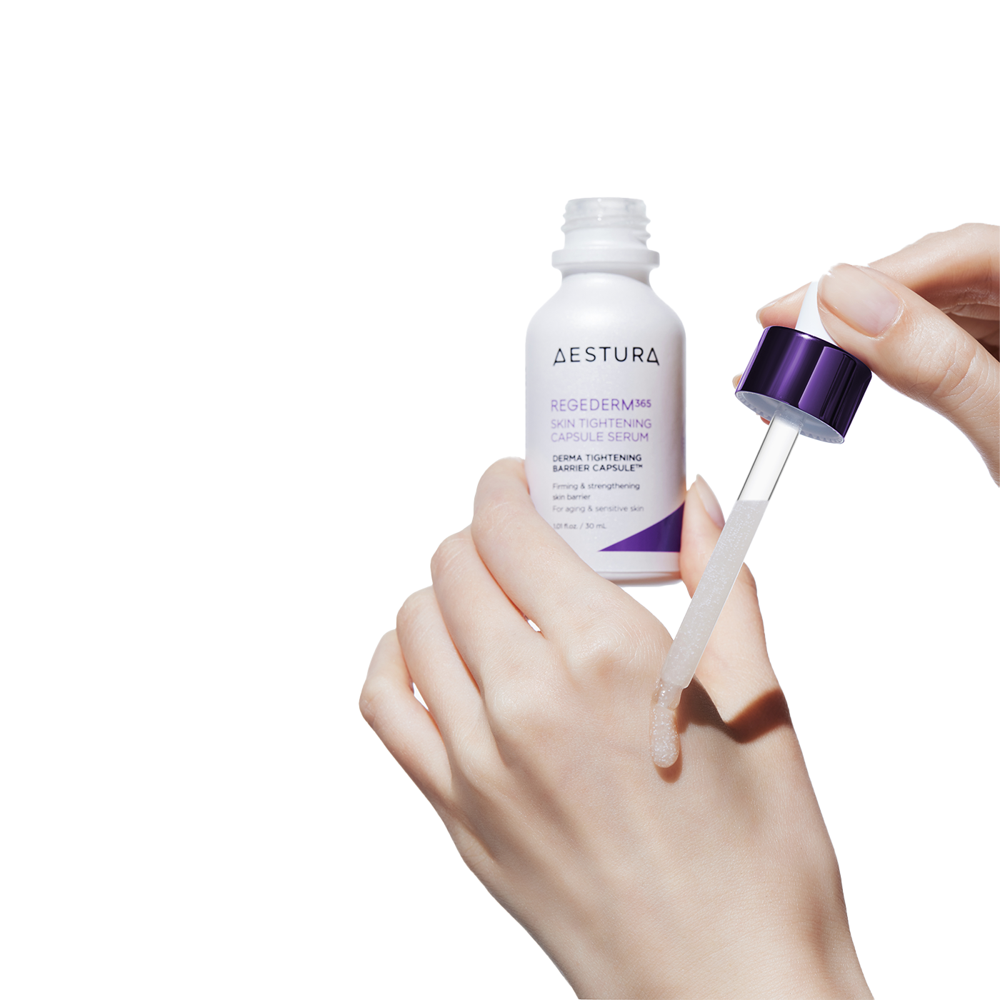 AESTURA Rizederm 365 Skin Tightening Capsule Serum 30ml being applied with a dropper on hand for effective skincare