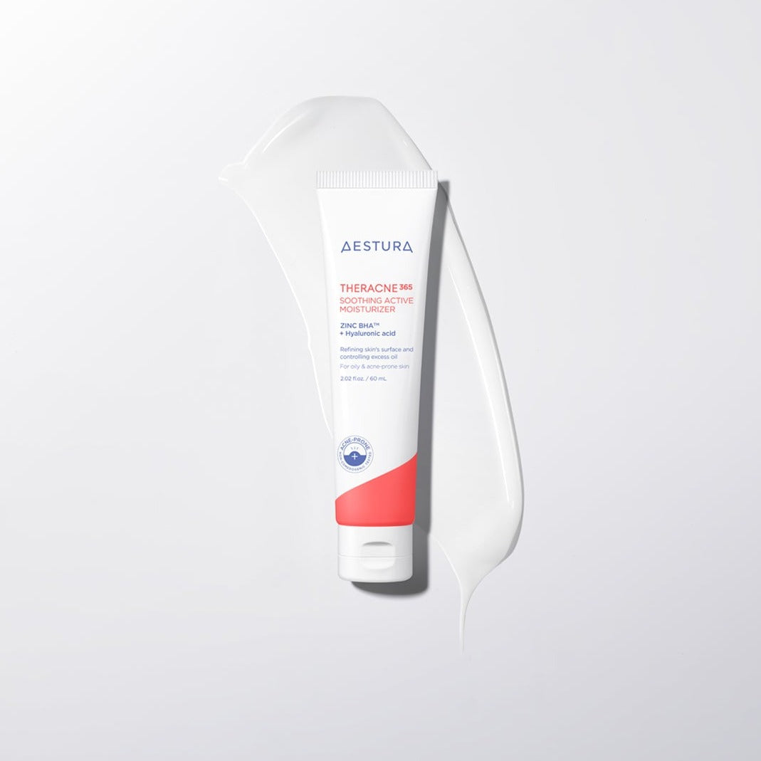 AESTURA Theracne 365 Soothing Active Moisturizer 60ml tube with cream smear on white background