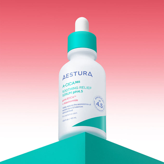 AESTURA A-cica 365 Soothing Relief Serum pH4.5 40ml bottle with red background