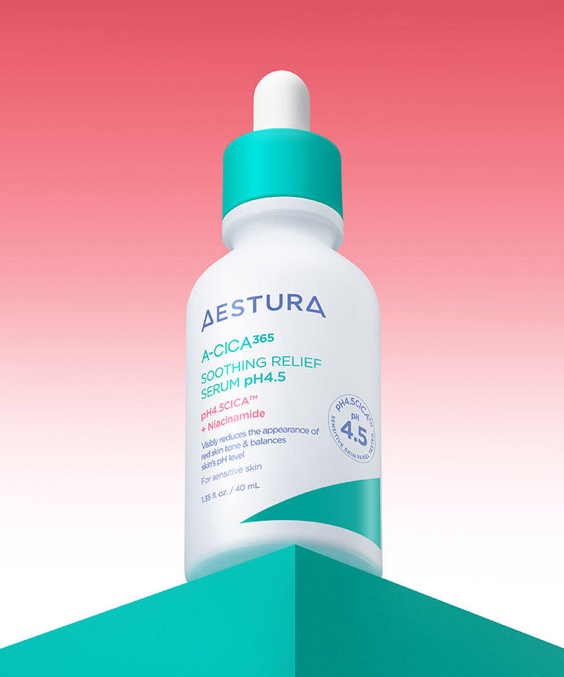 AESTURA A-cica 365 Soothing Relief Serum pH4.5 40ml bottle with red background