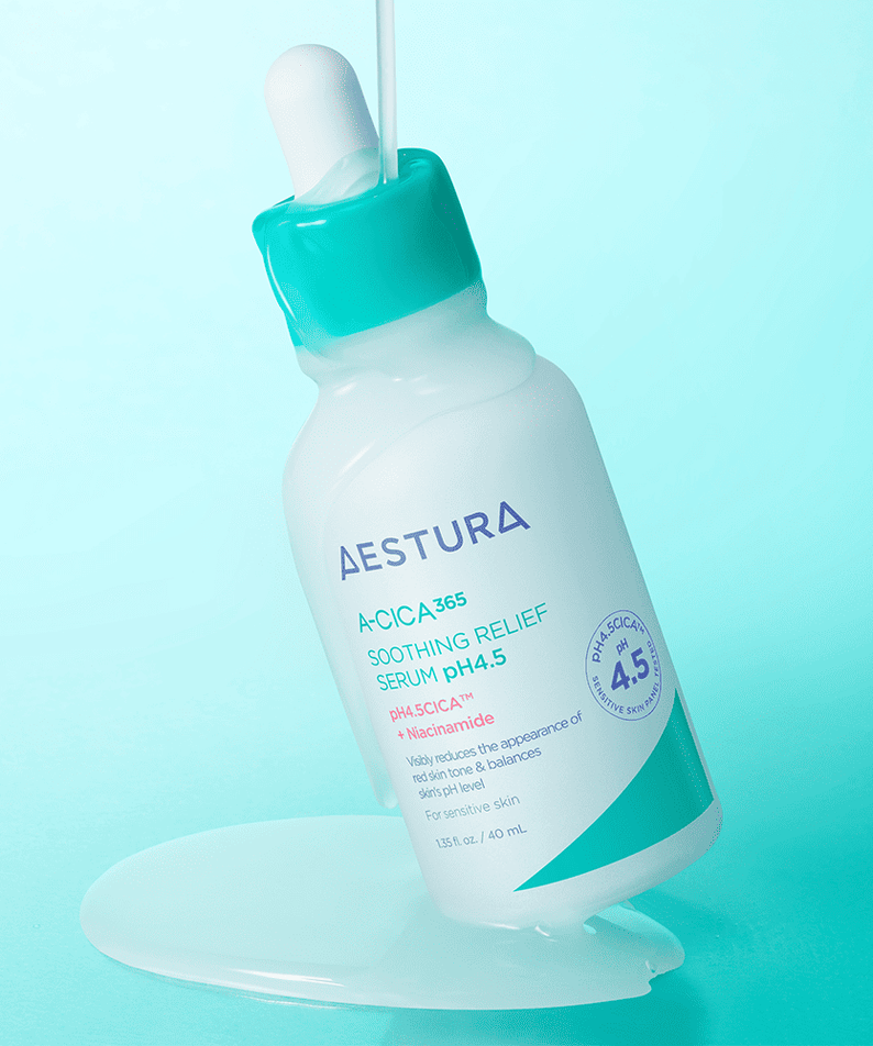 AESTURA A-cica 365 Soothing Relief Serum pH4.5 40ml bottle with pipette on a turquoise background