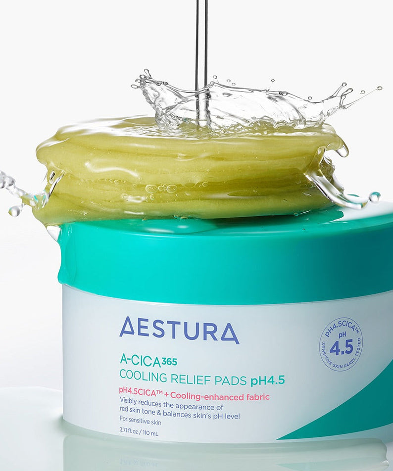 AESTURA Acica 365 Cooling Relief Pad pH 4.5 110ml (60 sheets) in a vibrant green packaging with water splash effect.