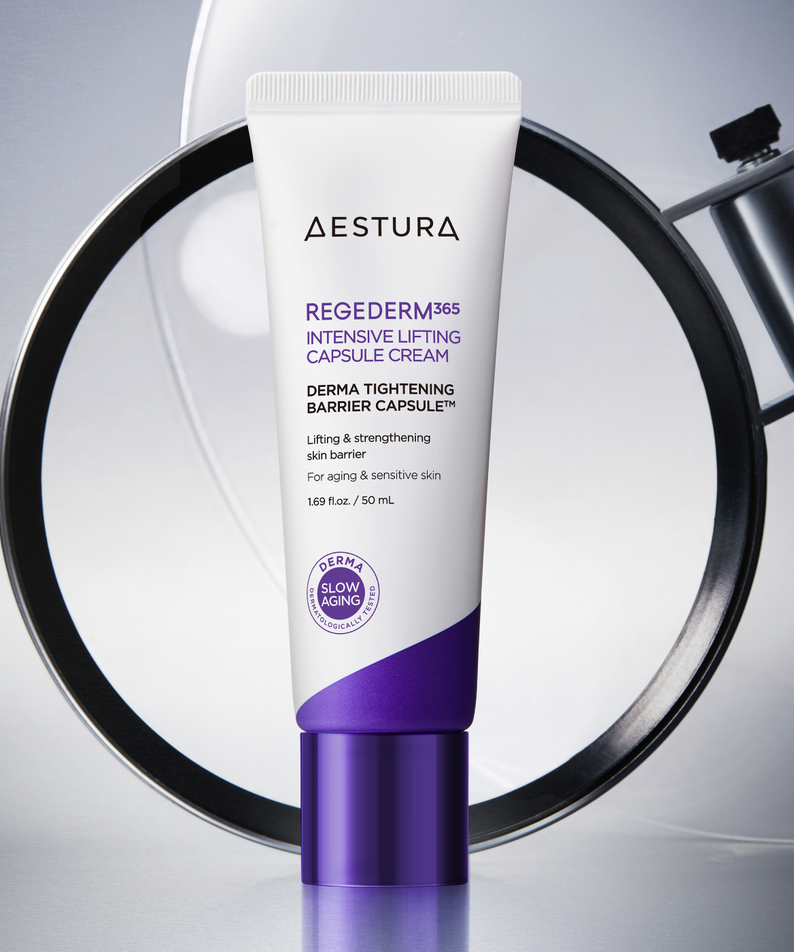 AESTURA Rizederm365 Intensive Lifting Capsule Cream 50ml on display with magnifying background, showcasing skincare product packaging.