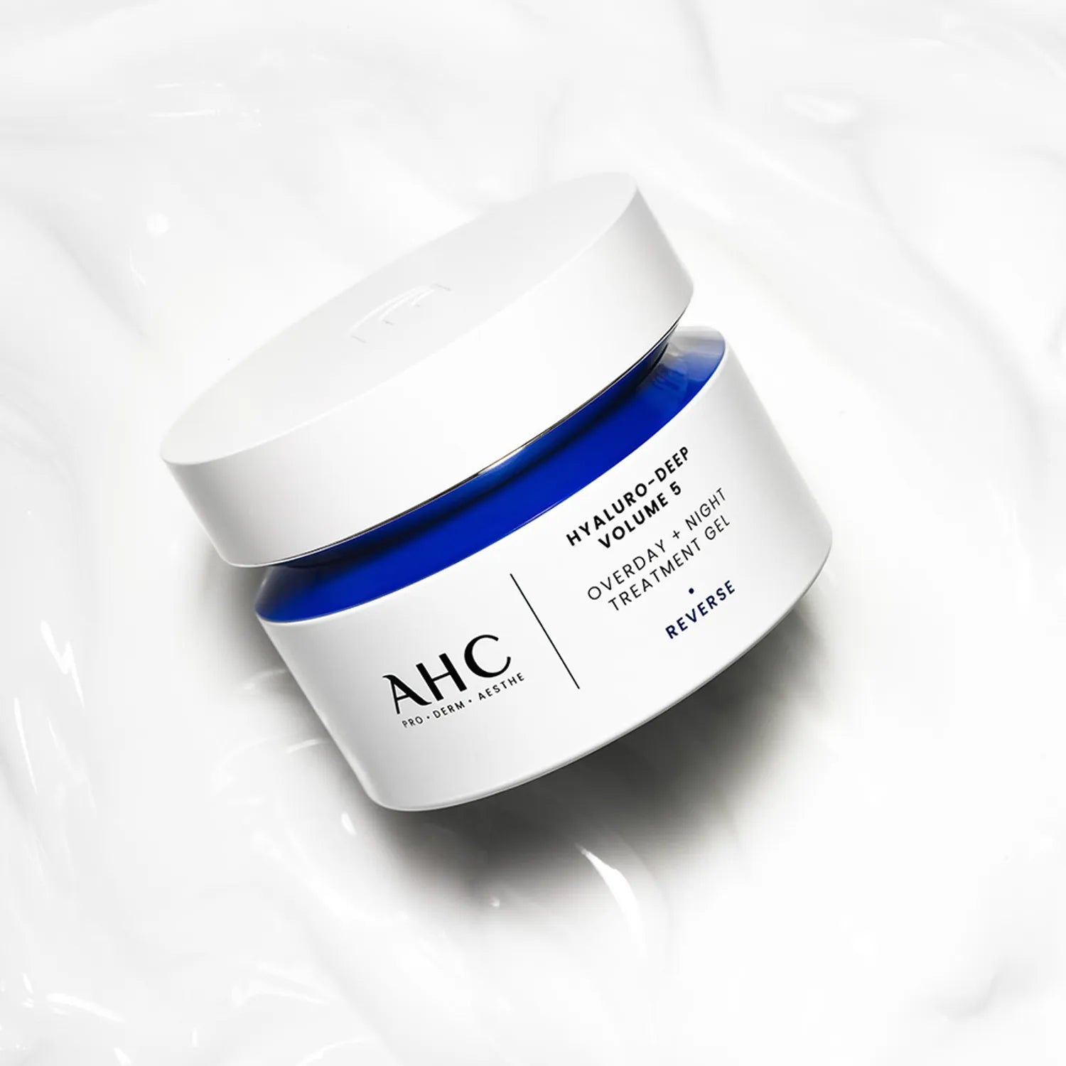 AHC Hyaluro Deep Volume 5 Overday Night Treatment Gel 50ml in a stylish white and blue jar on a white background.