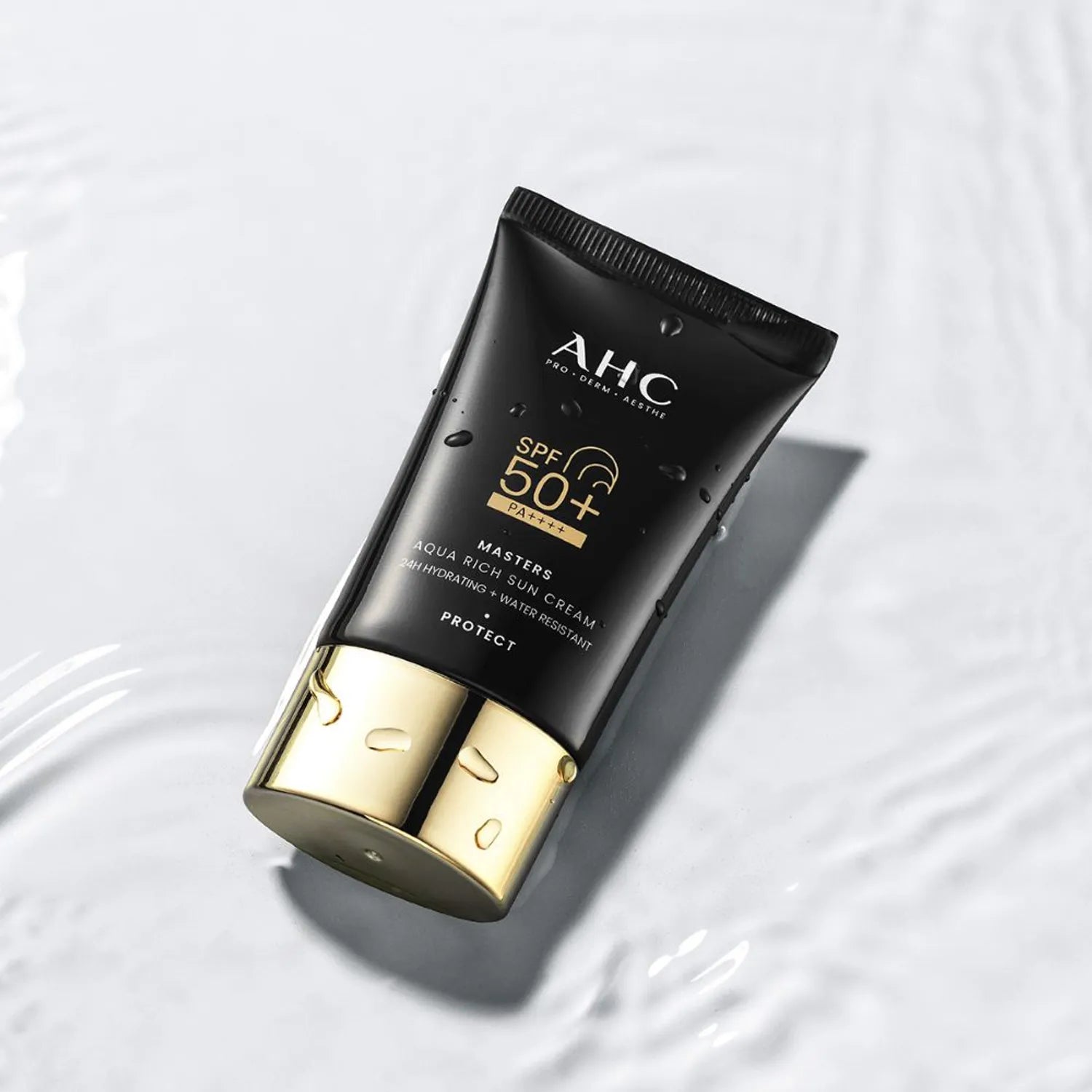 AHC Masters Aqua Rich Sunscreen 50ml on white background, ideal for sun protection and skincare, SPF 50+