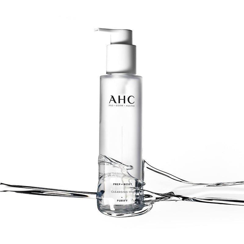 Bottle of AHC Prep Reset Cleansing Oil 125ml with clear liquid background