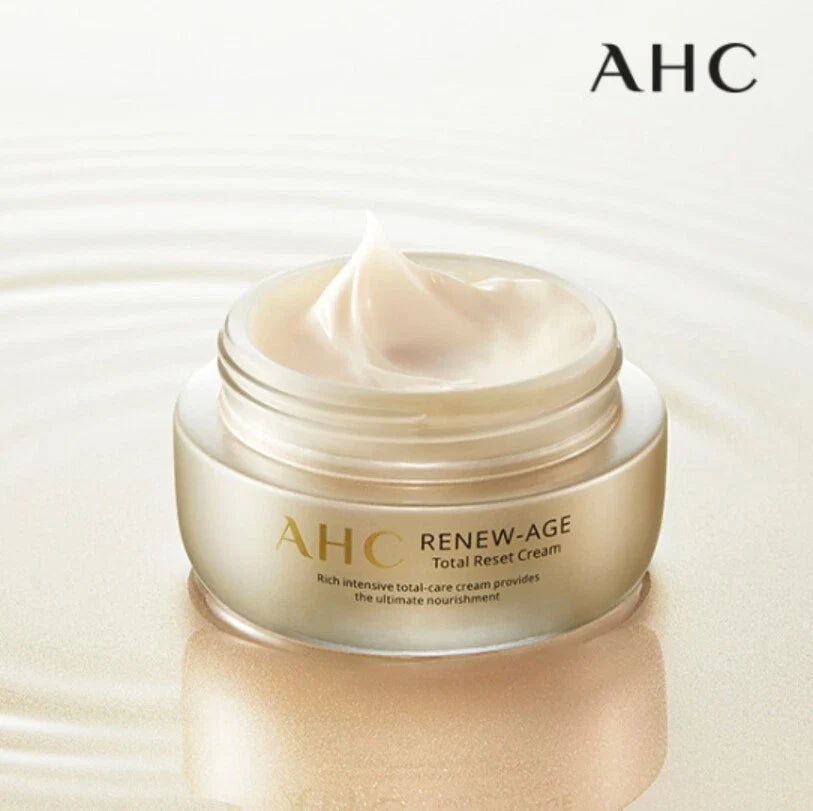 Open jar of AHC Renew Age total Reset Cream 50ml on water background