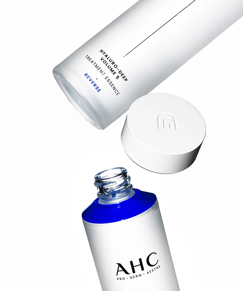AHC Hyaluro Deep Volume 5 Treatment Essence 130ml bottle with cap, showcasing product packaging.