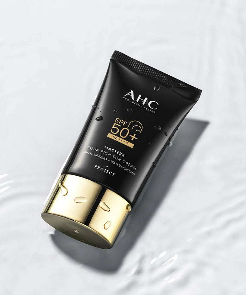 AHC Masters Aqua Rich Sunscreen 50ml on white background, ideal for sun protection and skincare, SPF 50+