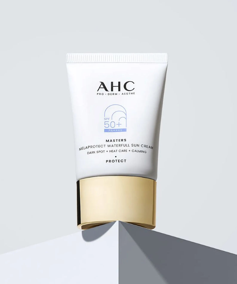 AHC Masters Mela Protect Waterfull Sunscreen 40ml product packaging on display
