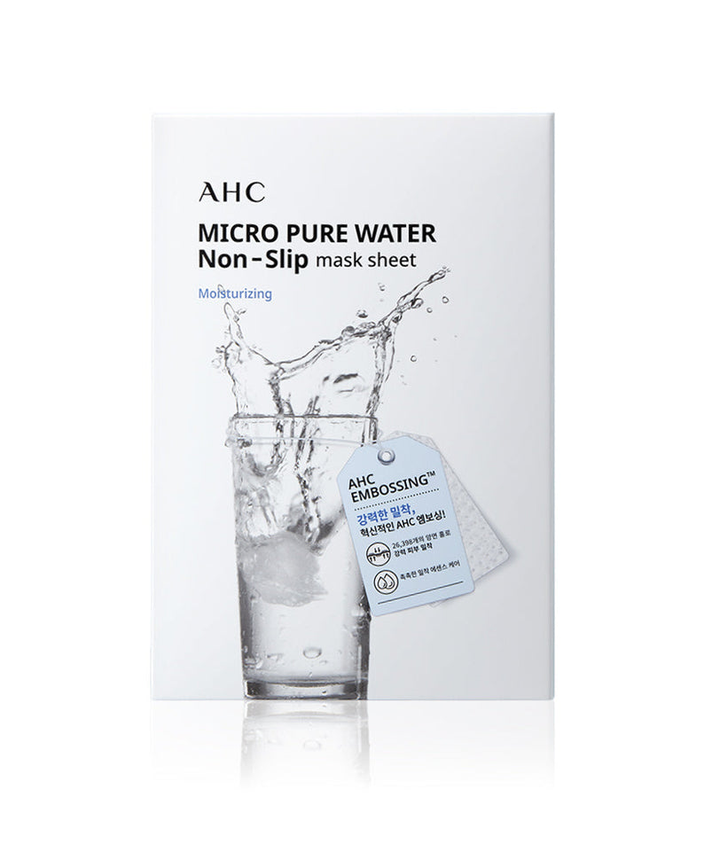Box of AHC Micro Pure Water Non-Slip Mask Sheets 10ea showing water splash graphic on packaging