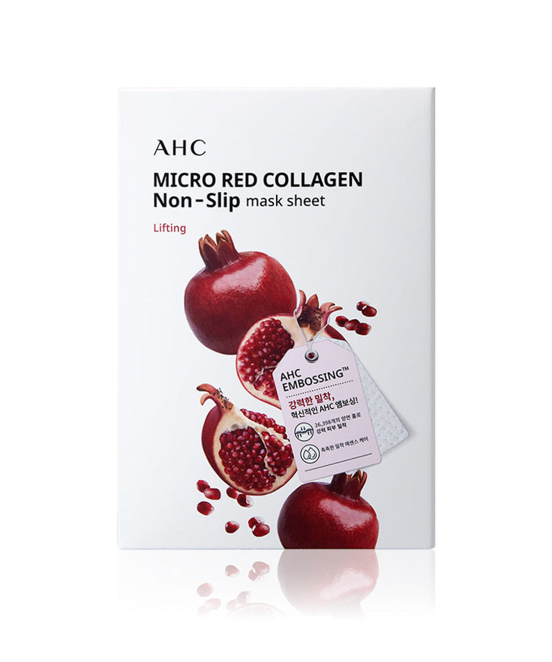 Box of AHC Micro Red Collagen Non-Slip Mask Sheets 10ea with pomegranate design on packaging
