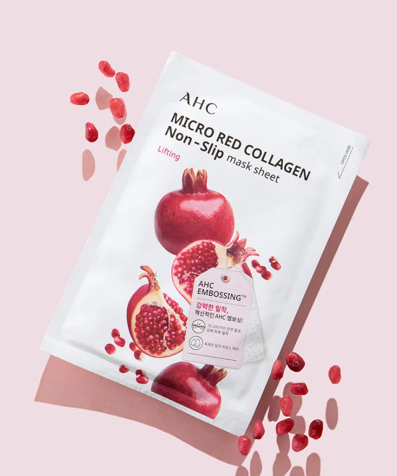 AHC Micro Red Collagen Non-Slip Mask Sheets 10ea product packaging with pomegranate design on a pink background.