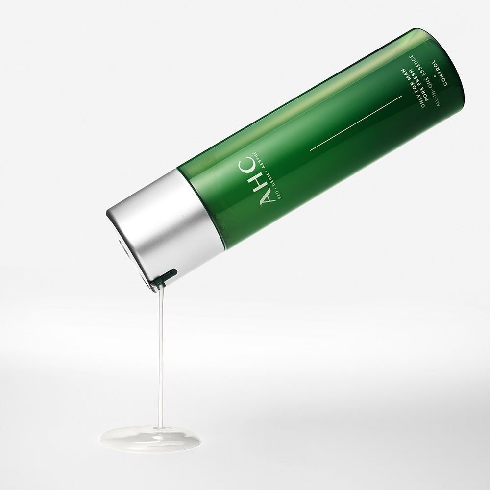 AHC Only For Men Pore Fresh All-in-One Essence 200ml bottle tilted with essence pouring, Gentleman Korea premium Korean men’s skincare