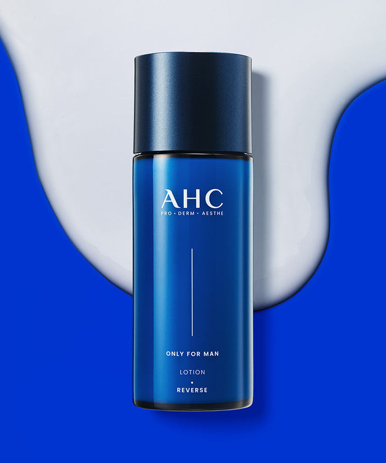 AHC Only For Men Lotion 150ml product shot on blue background for Gentleman Korea – men's skincare moisturizing lotion