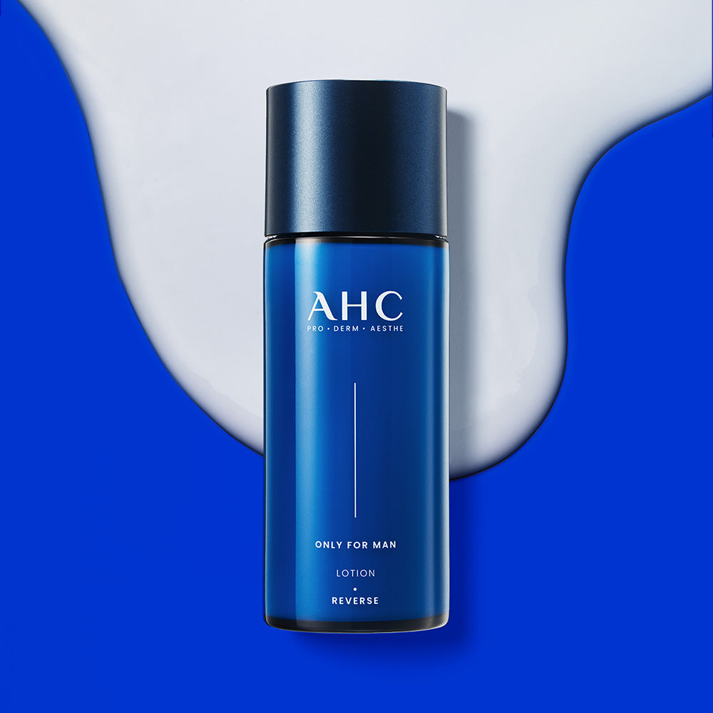 AHC Only For Men Lotion 150ml product shot on blue background for Gentleman Korea – men's skincare moisturizing lotion