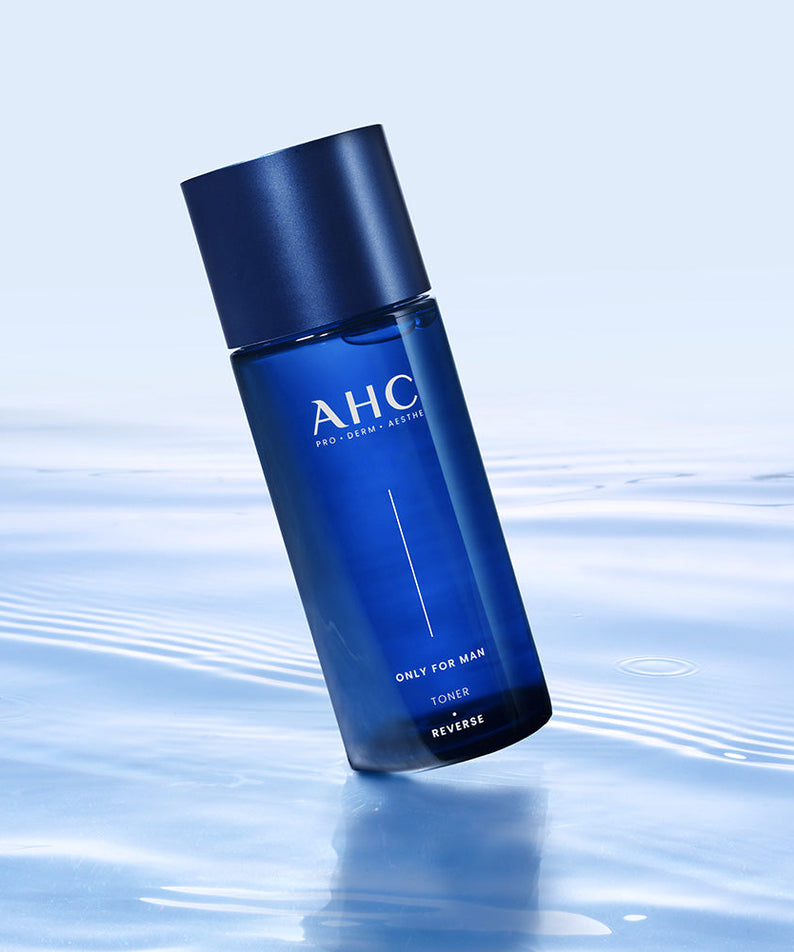 AHC Only For Men Toner 150ml blue bottle on water surface, Gentleman Korea premium Korean skincare for men