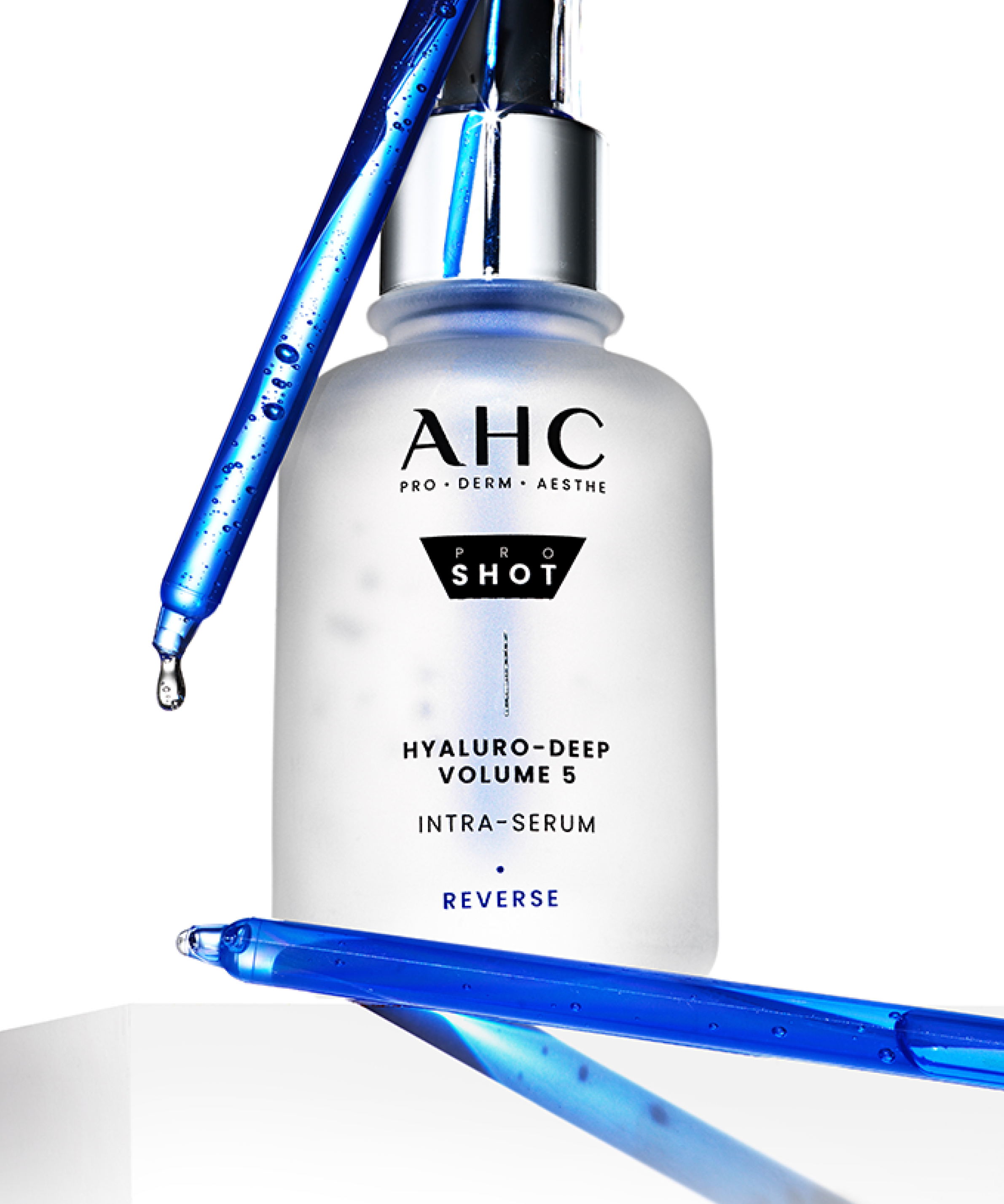 Bottle of AHC Pro Shot Hyaluro Deep Volume 5 Intra Serum 40ml with droppers and water drops