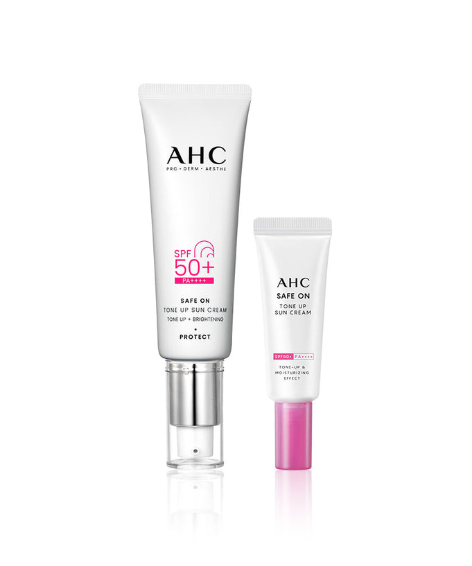 AHC Safe On Tone-Up Sunscreen 50ml tube and smaller travel size sunscreen tube