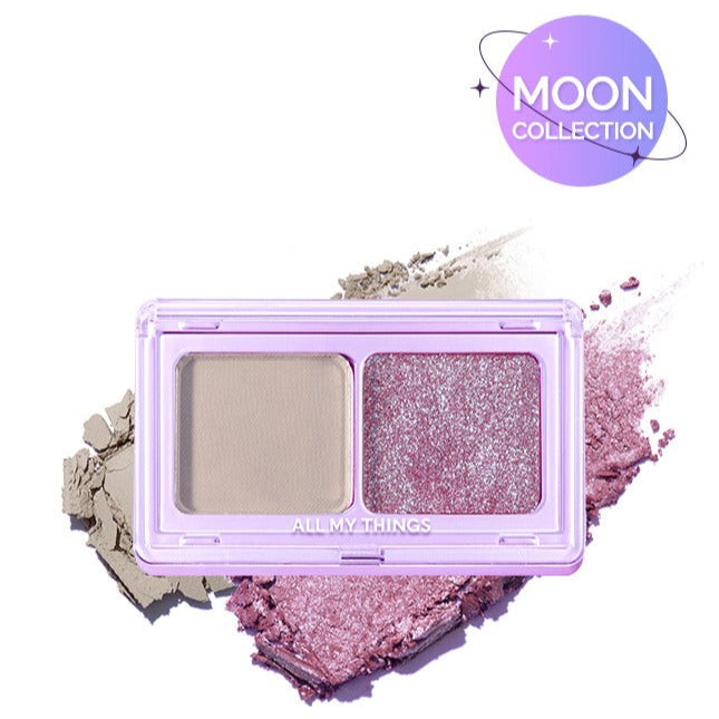 ALL MY THING Moon Eyeshadow in neutral and glittery pink shades, part of the Moon Collection, with powder accents in background.