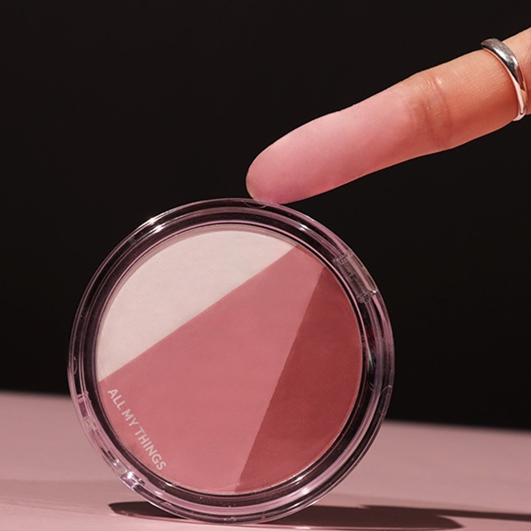ALL MY THING Aurora Blusher with a close-up of its tri-color palette and finger swatch, showcasing the makeup's smooth texture.
