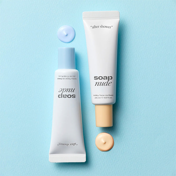 ALTERNATIVE STEREO Soap Nude Milky Tone-Up Base SPF30 PA++ tubes on a blue background showcasing product texture samples