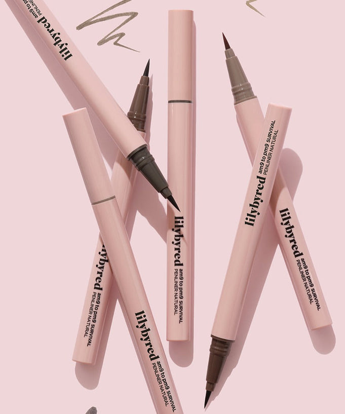 LILYBYRED am9 to pm9 Survival Penliner Natural shown in elegant pink design with precision tips on a pastel background.