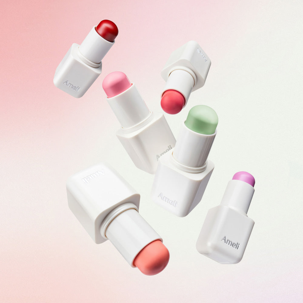 Colorful AMELI Night Series Touch Balm lip tints on a gradient background.