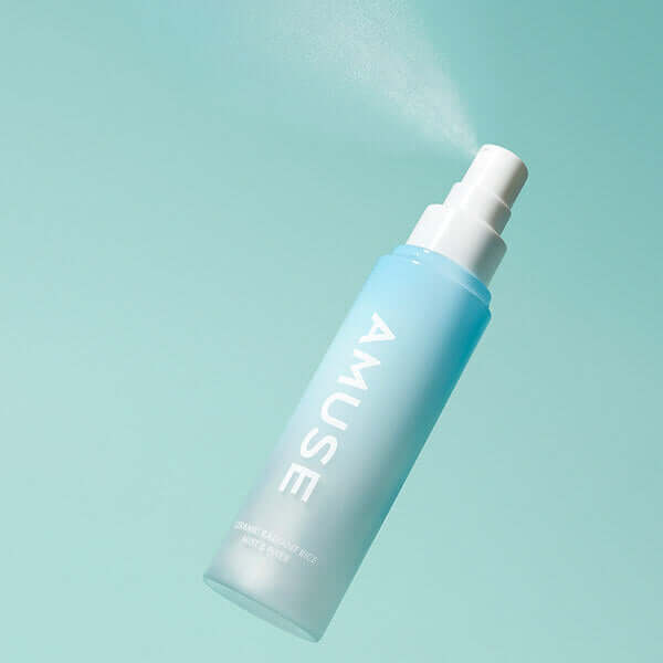 AMUSE Ceramic White Pearl Rice Mist & Fixer 80ml bottle, white text on blue background, product spray in action.