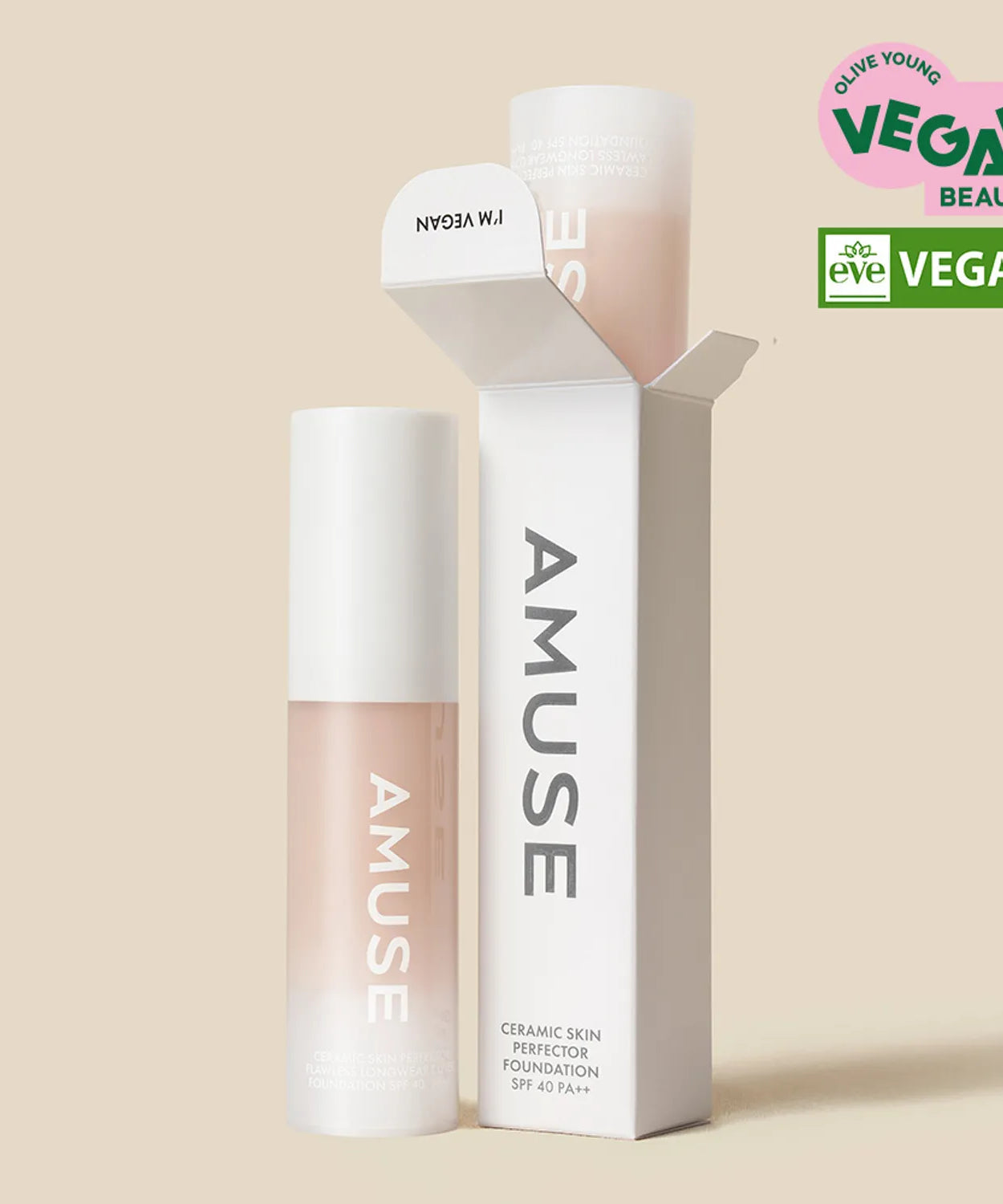 AMUSE Ceraamic Skin Perfection Mini Foundation in a box with Vegan Beauty certifications.