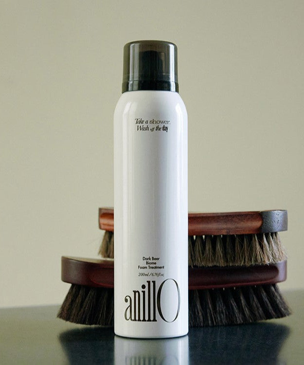 ANILLO Dark Beer Biome Foam Treatment 200ml product displayed with brushes