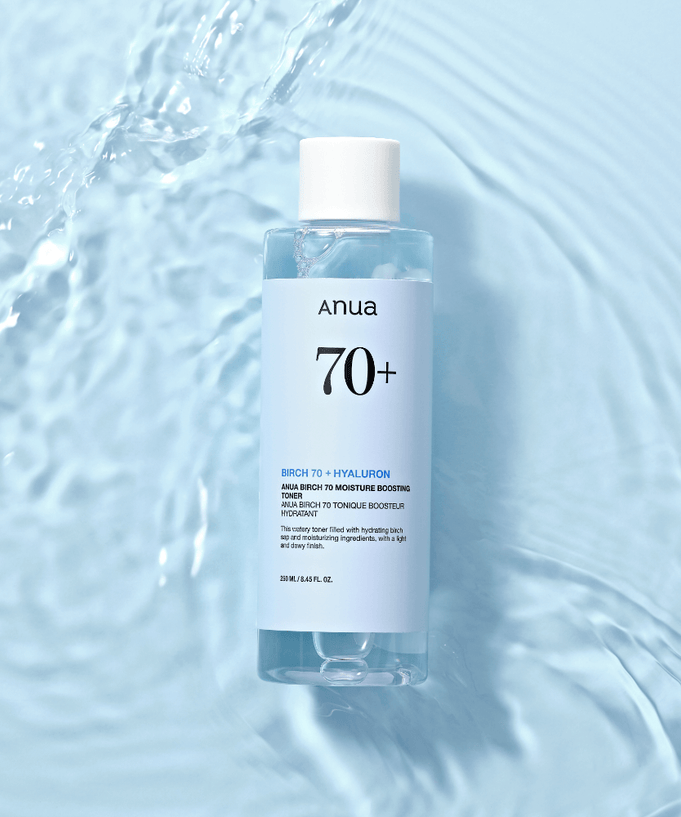 ANUA Birch 70 + Hyaluron Moisture Boosting Toner 250ml bottle on a water ripple background