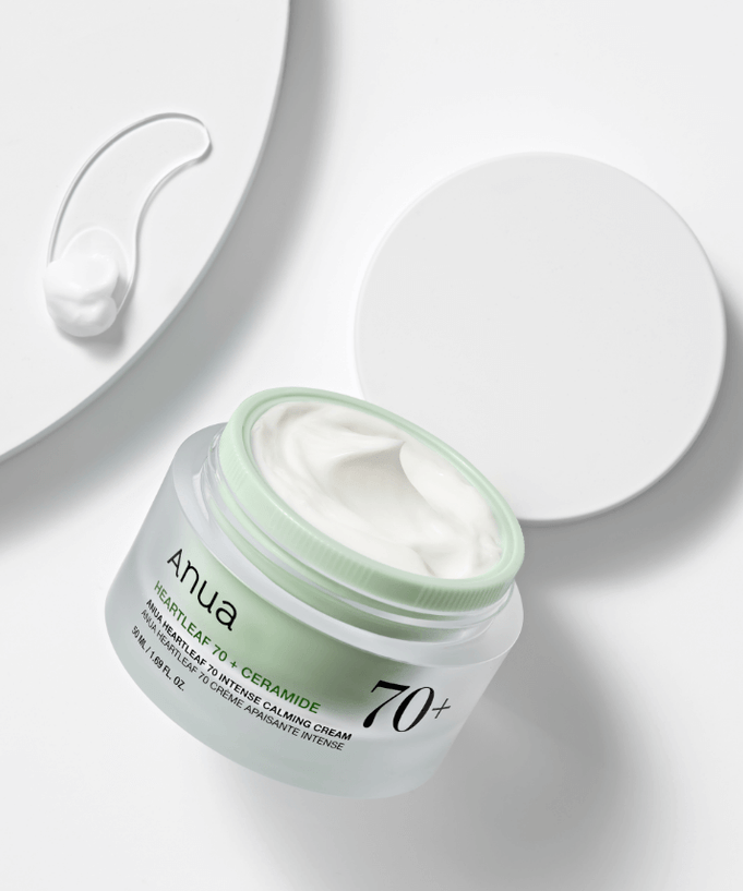 ANUA Heartleaf 70 + Ceramide Intense Calming Cream 50ml jar open with cream texture visible on lid